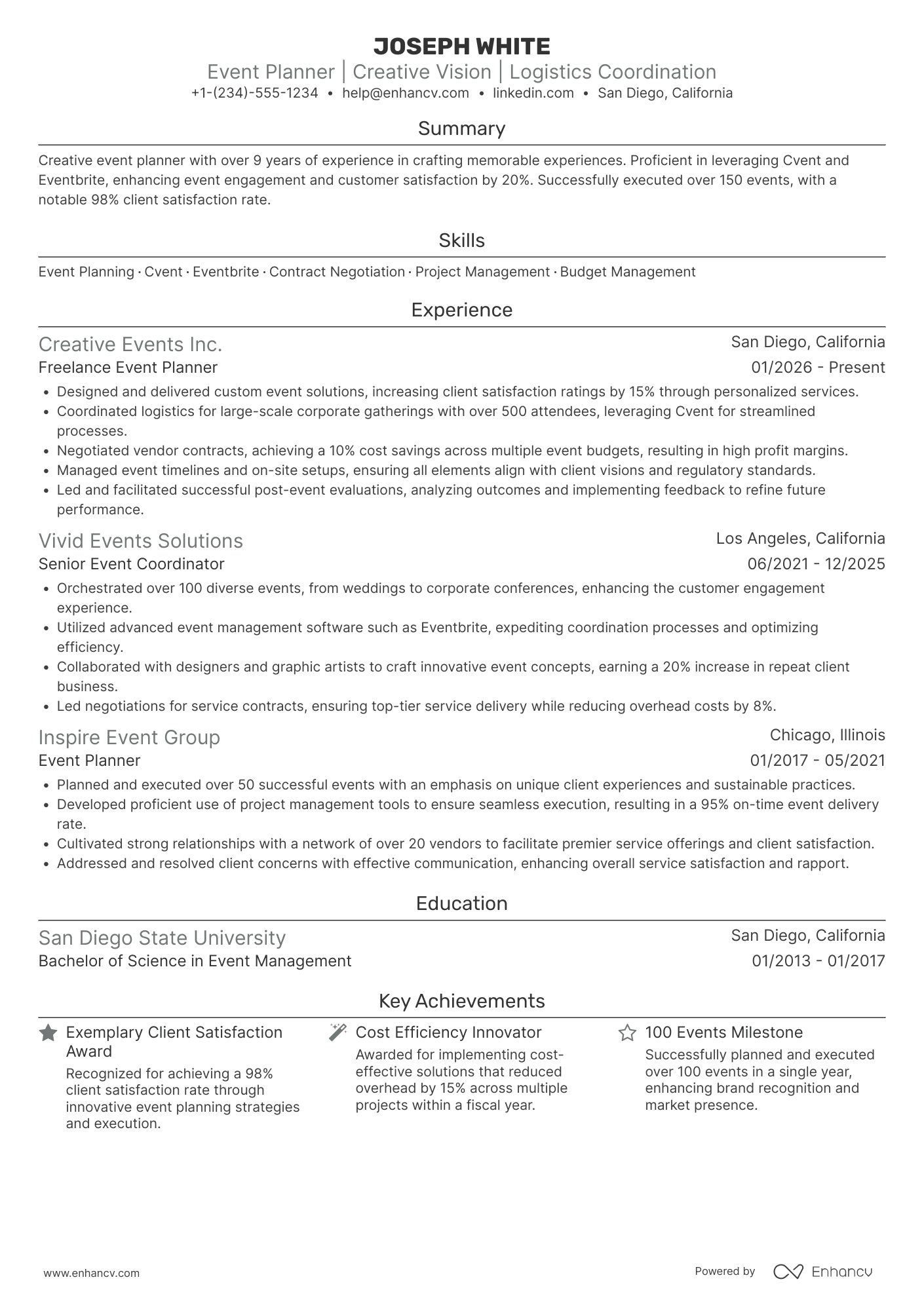 A resume example of a Freelance Event Planner