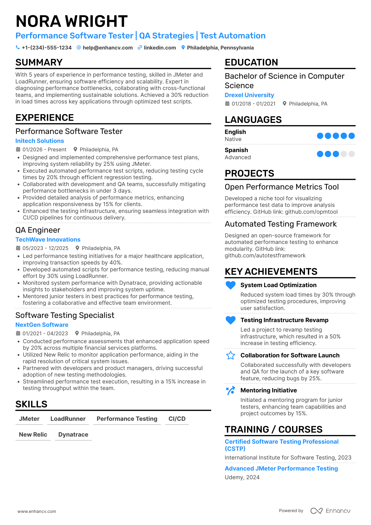 A resume example of a Performance Software Tester