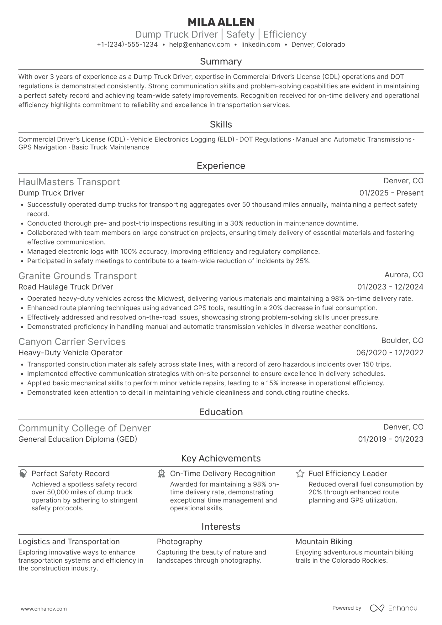 A resume example of a Dump Truck Driver