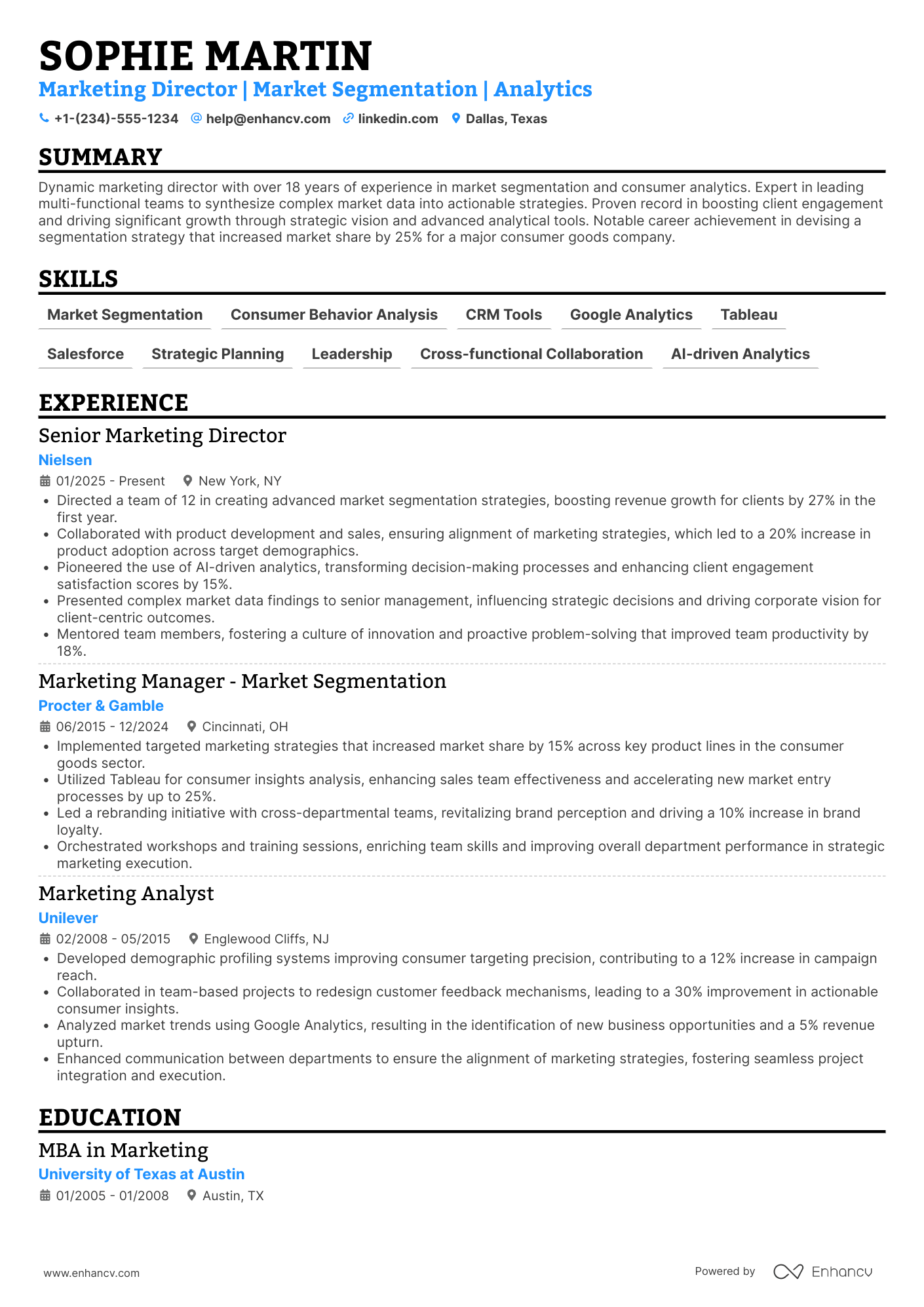 A resume example of a Marketing Director, Market Segmentation