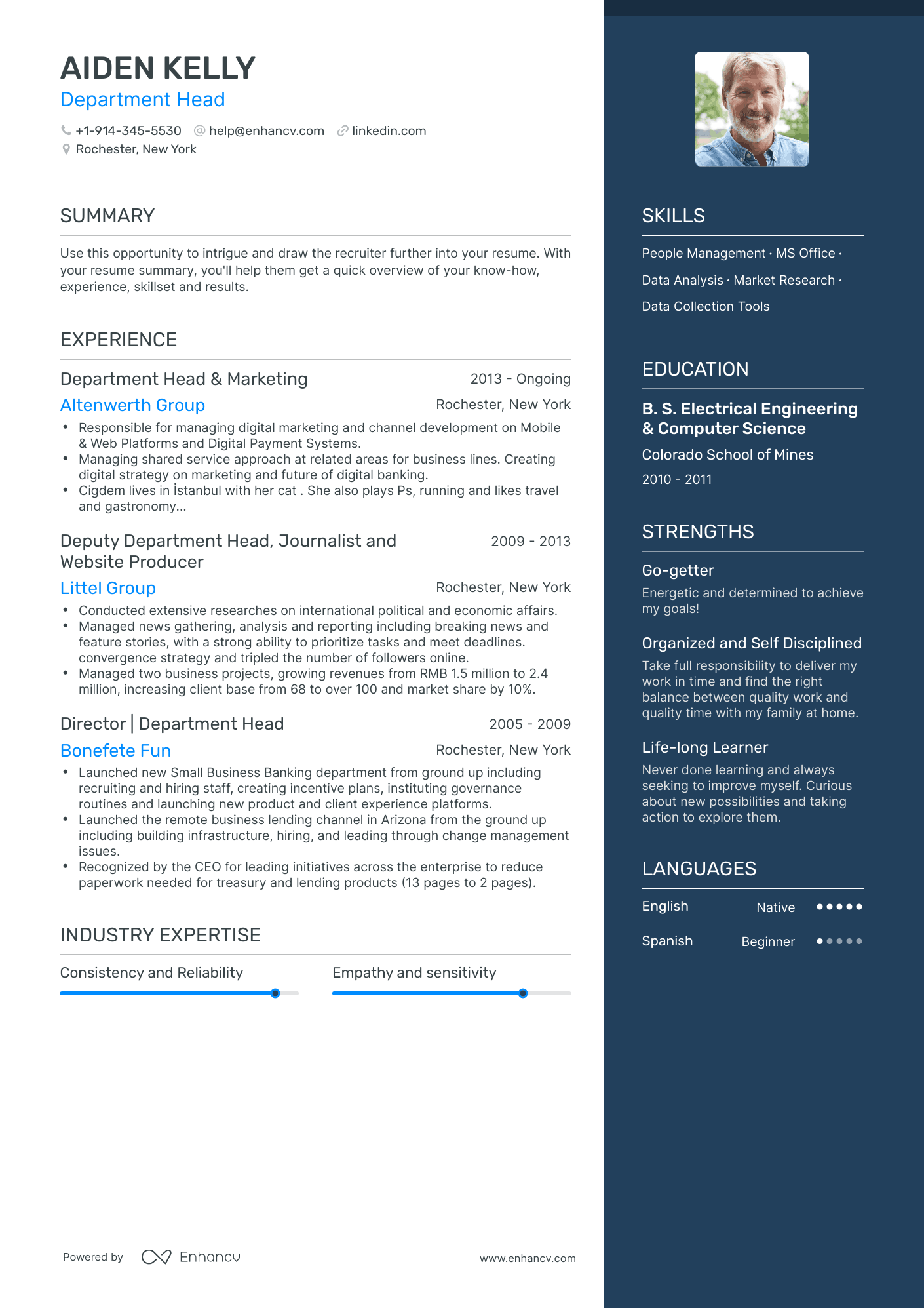 One Page Department Head Resume Template