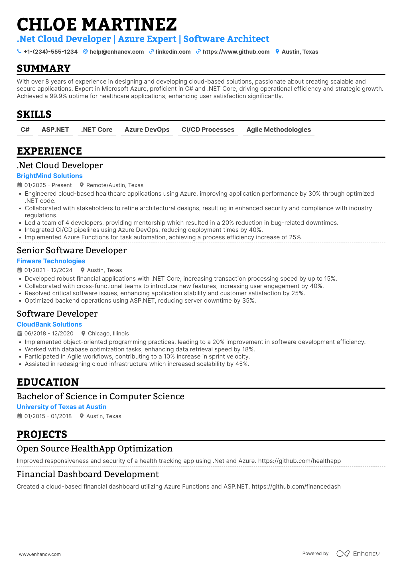 A resume example of a .Net Cloud Developer