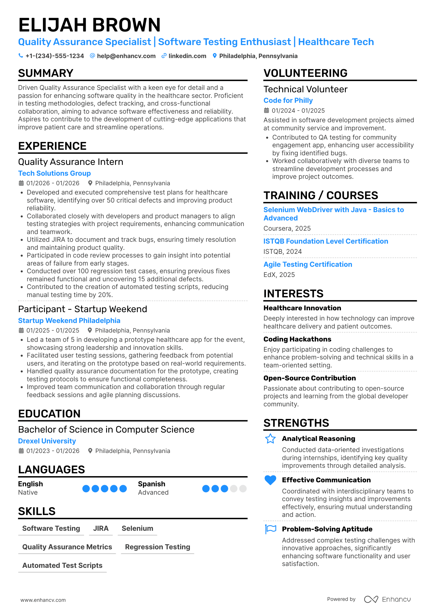 A resume example of a Entry Level Quality Assurance Specialist