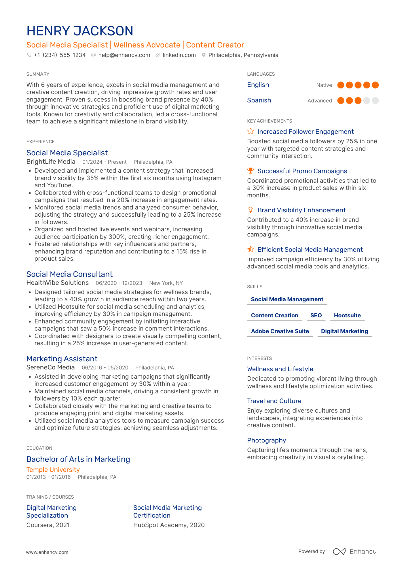 A resume example of a Social Media Influencer Brand Ambassador