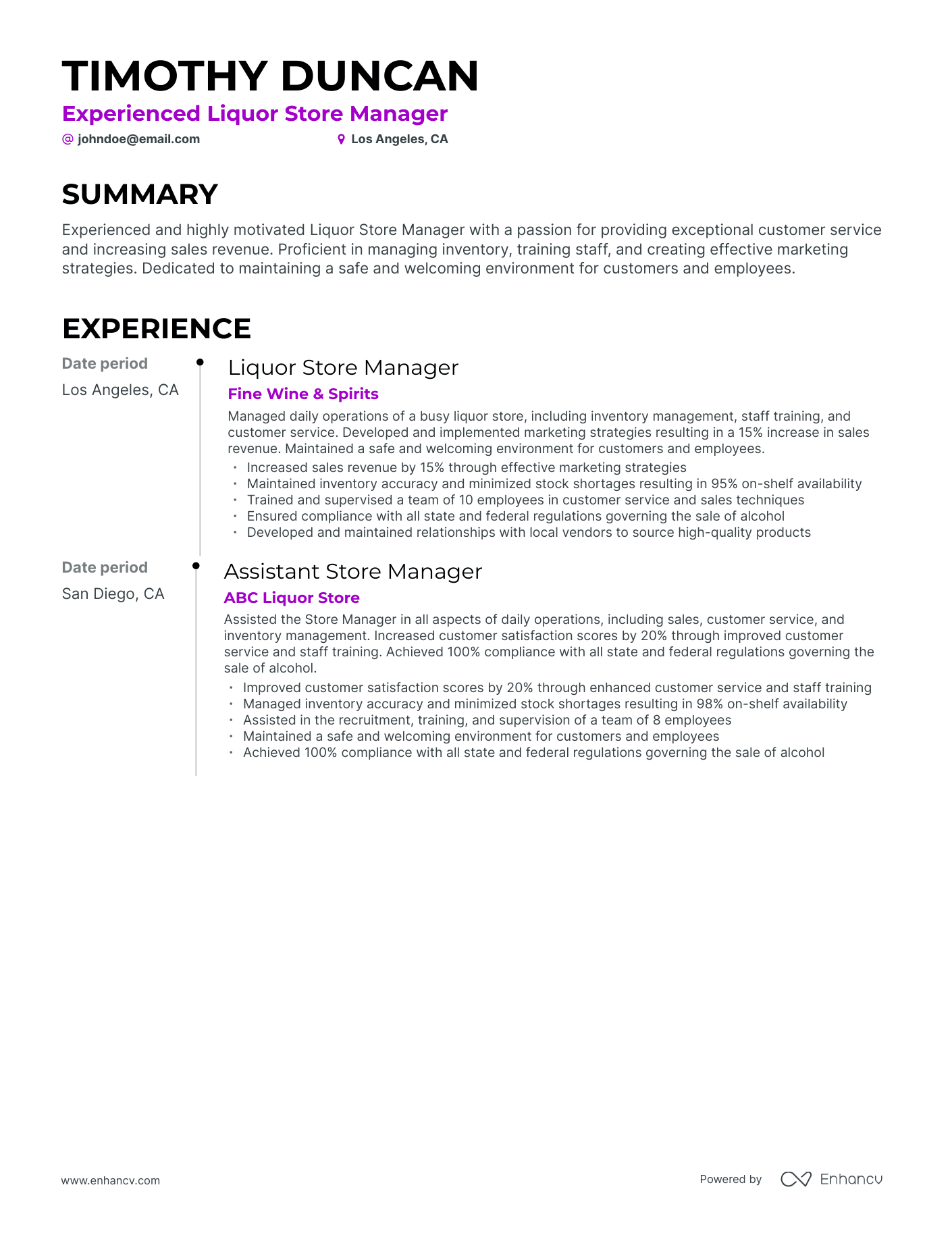 Timeline Liquor Store Manager Resume Template
