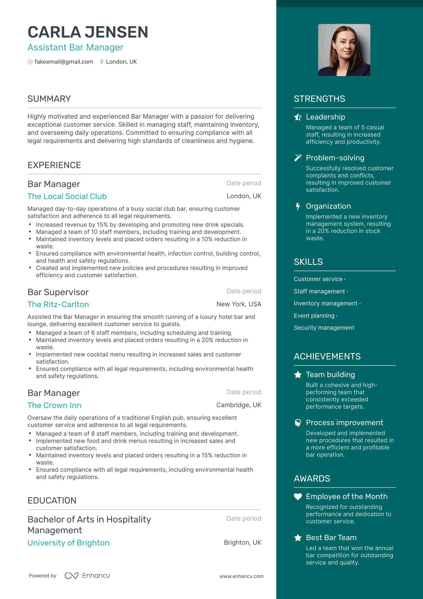 One Page Bar Manager Resume Template