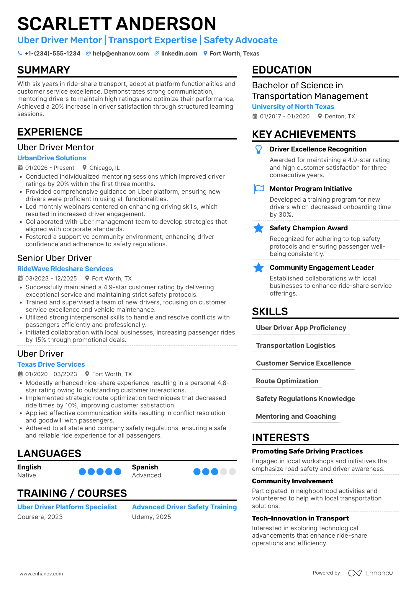 A resume example of a Uber Driver Mentor
