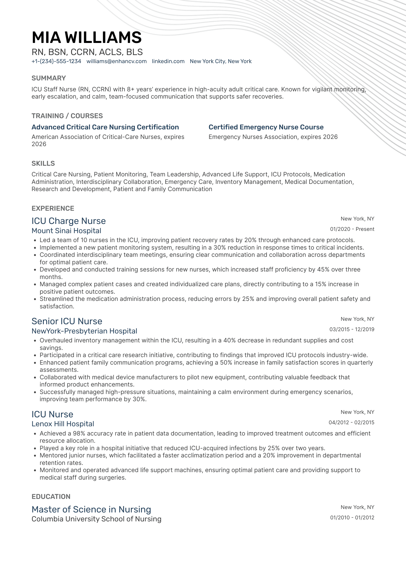 A resume example of a Staff Nurse