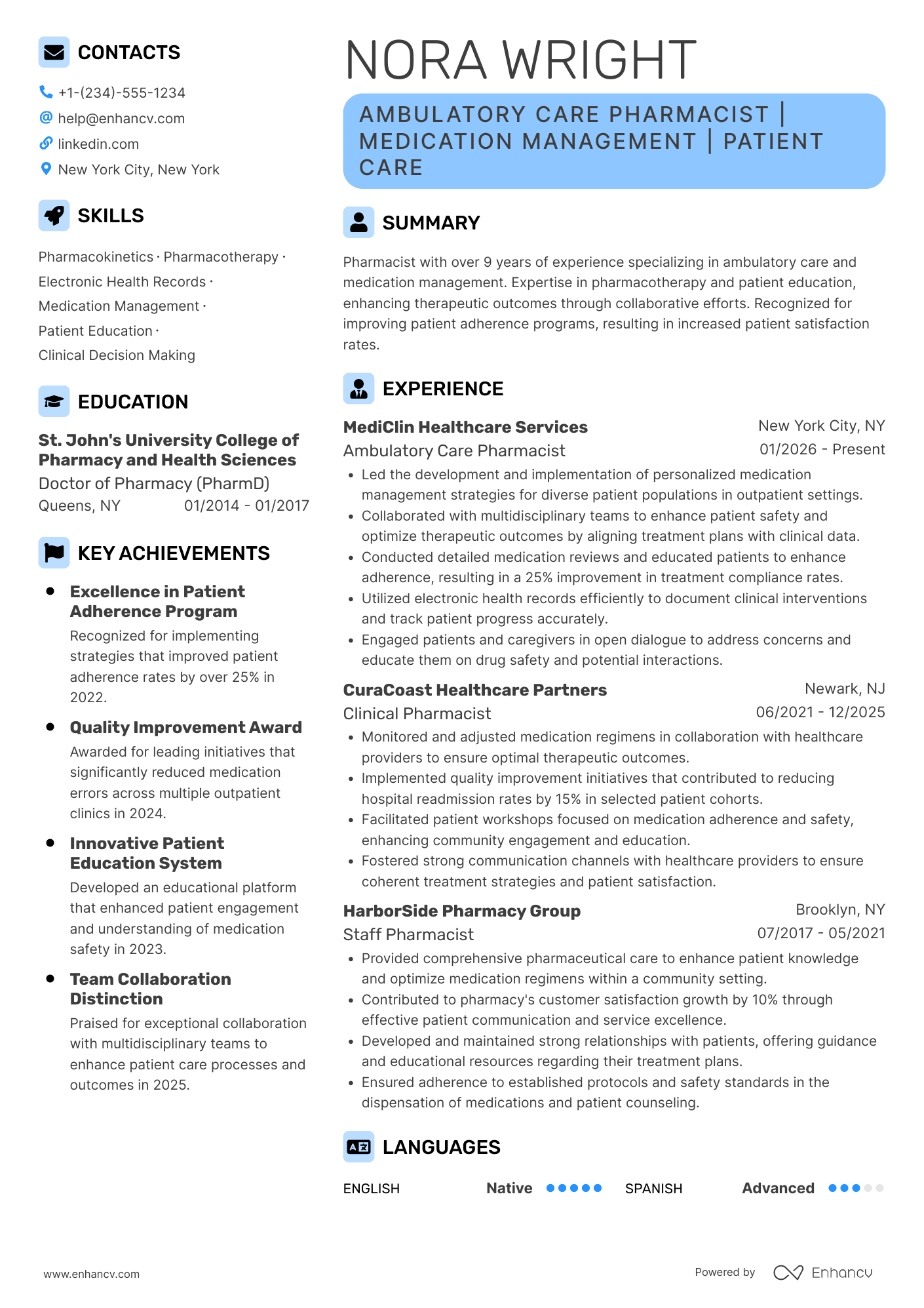 A resume example of a Ambulatory Care Pharmacist