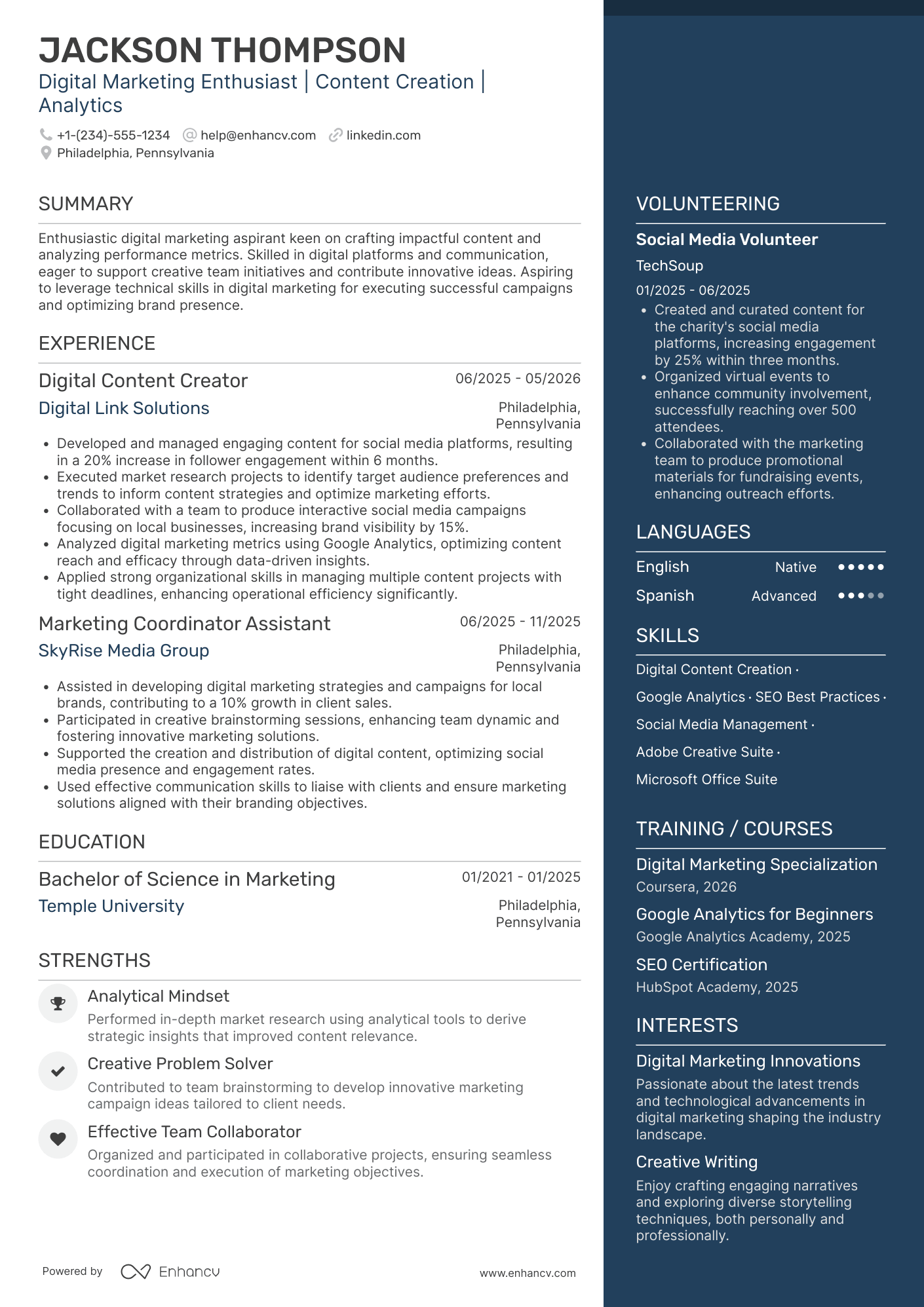 A resume example of a Digital Marketing Intern
