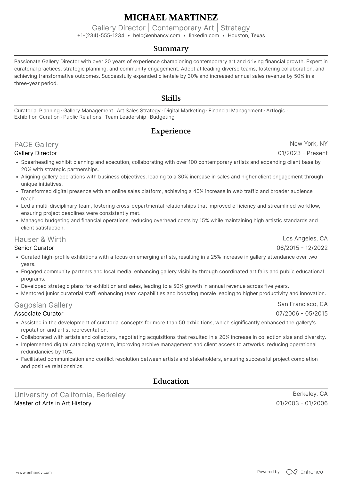 A resume example of a Gallery Director