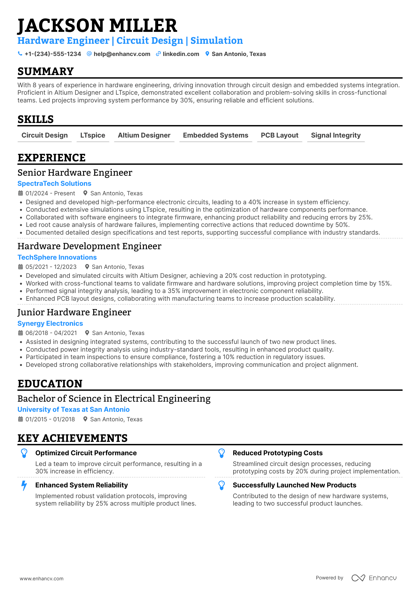 A resume example of a Hardware Engineer