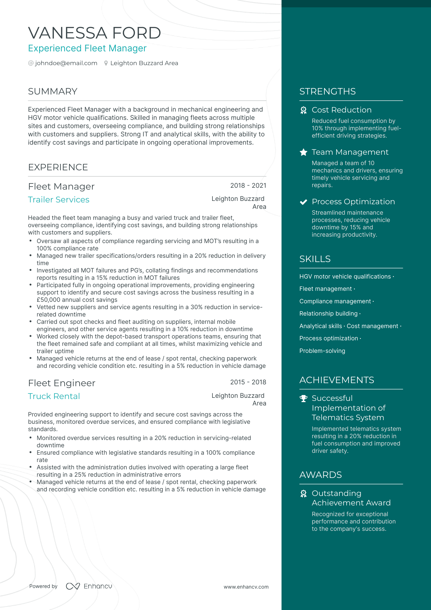 One Page Fleet Manager Resume Template