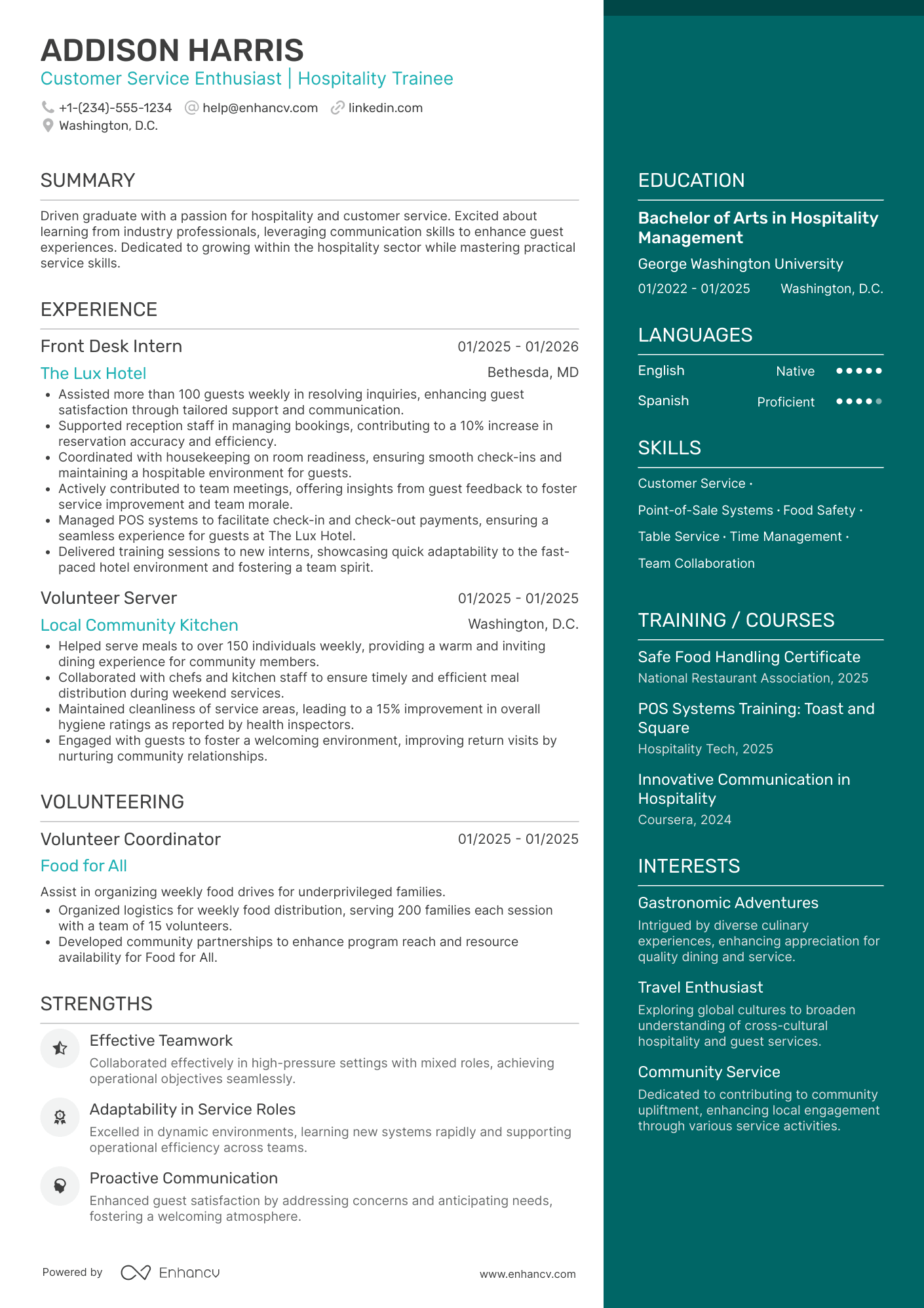 A resume example of a Trainee Waiter