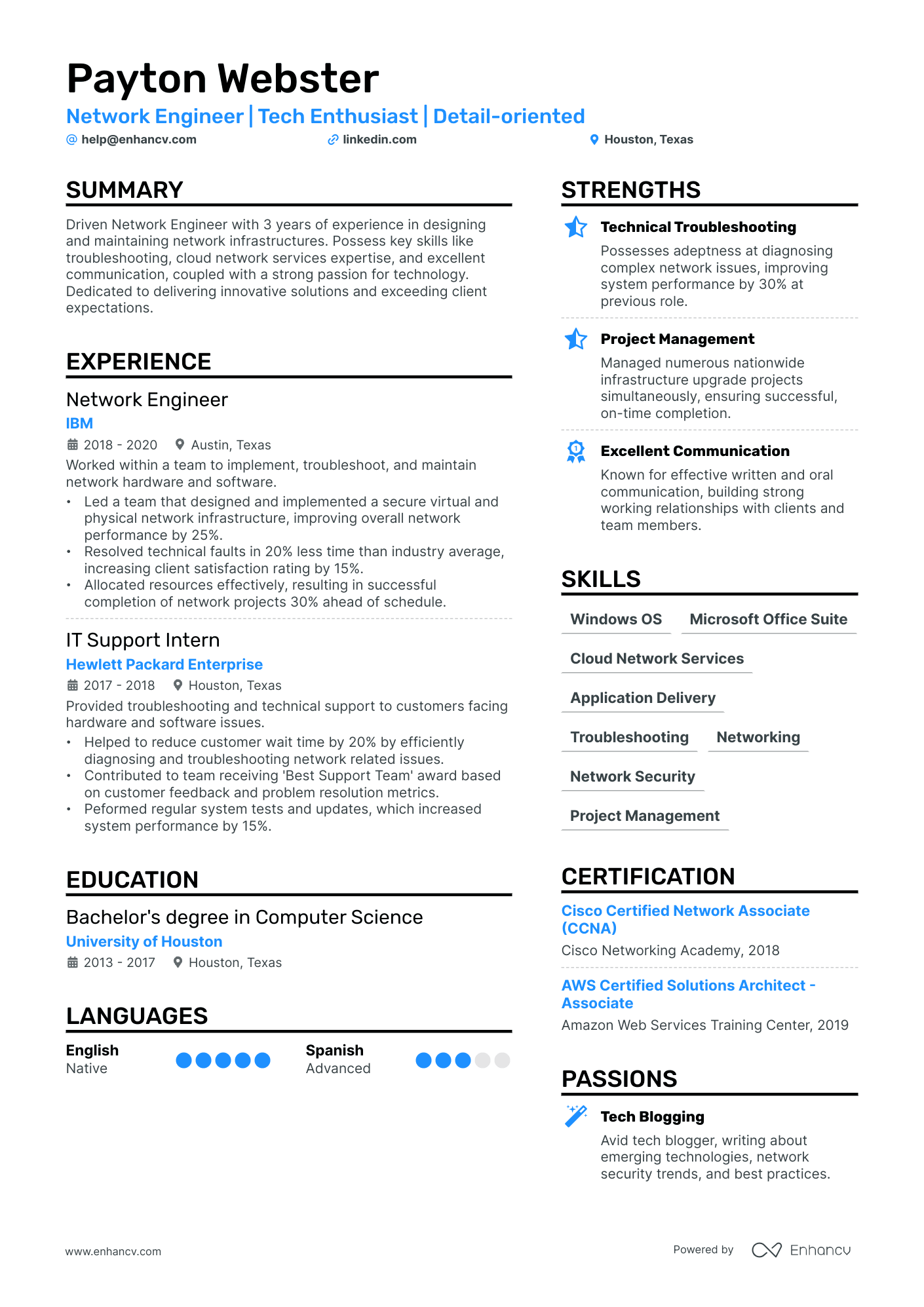 A resume example of a Junior Network Engineer
