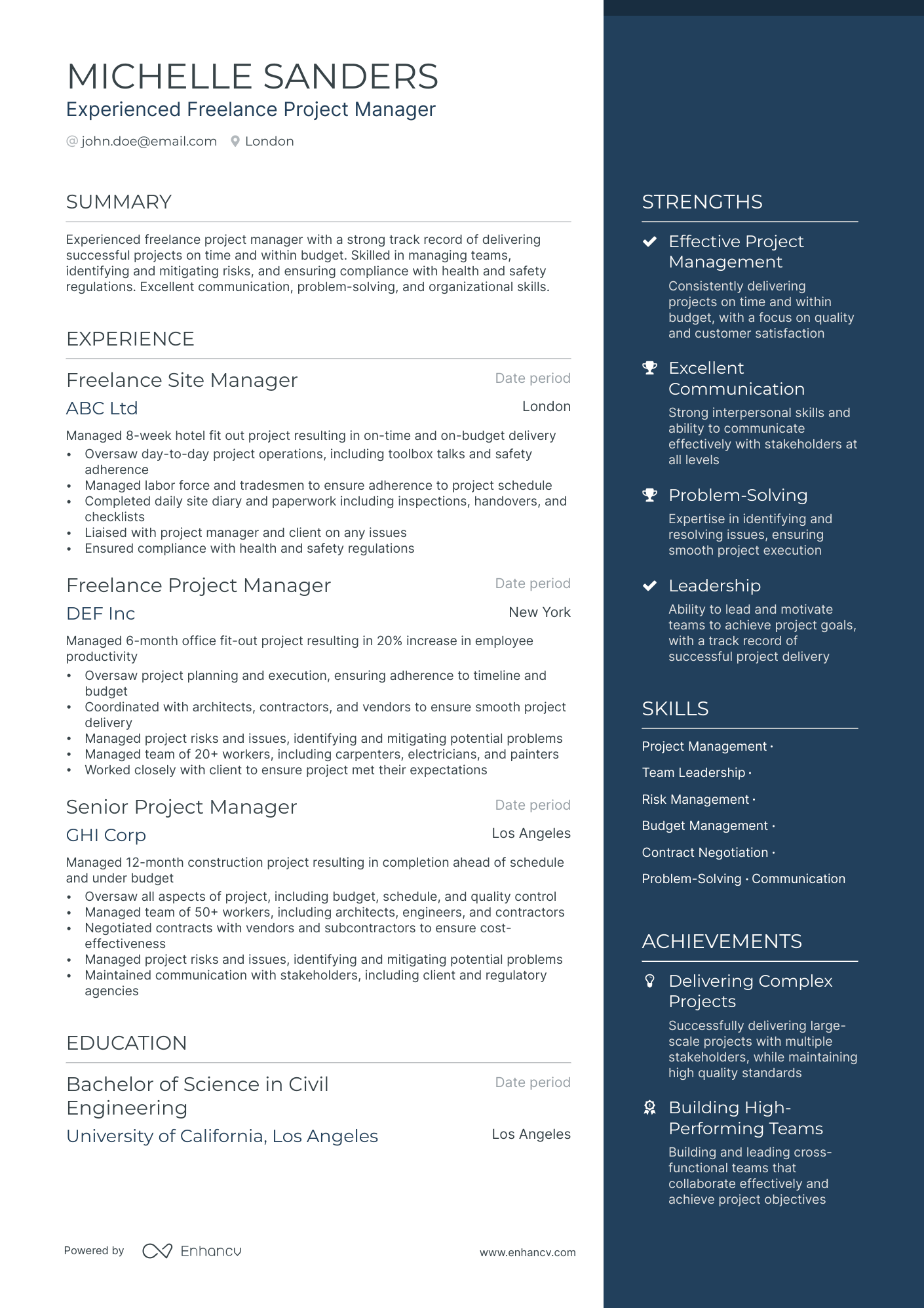 A resume example of a Freelance Project Manager