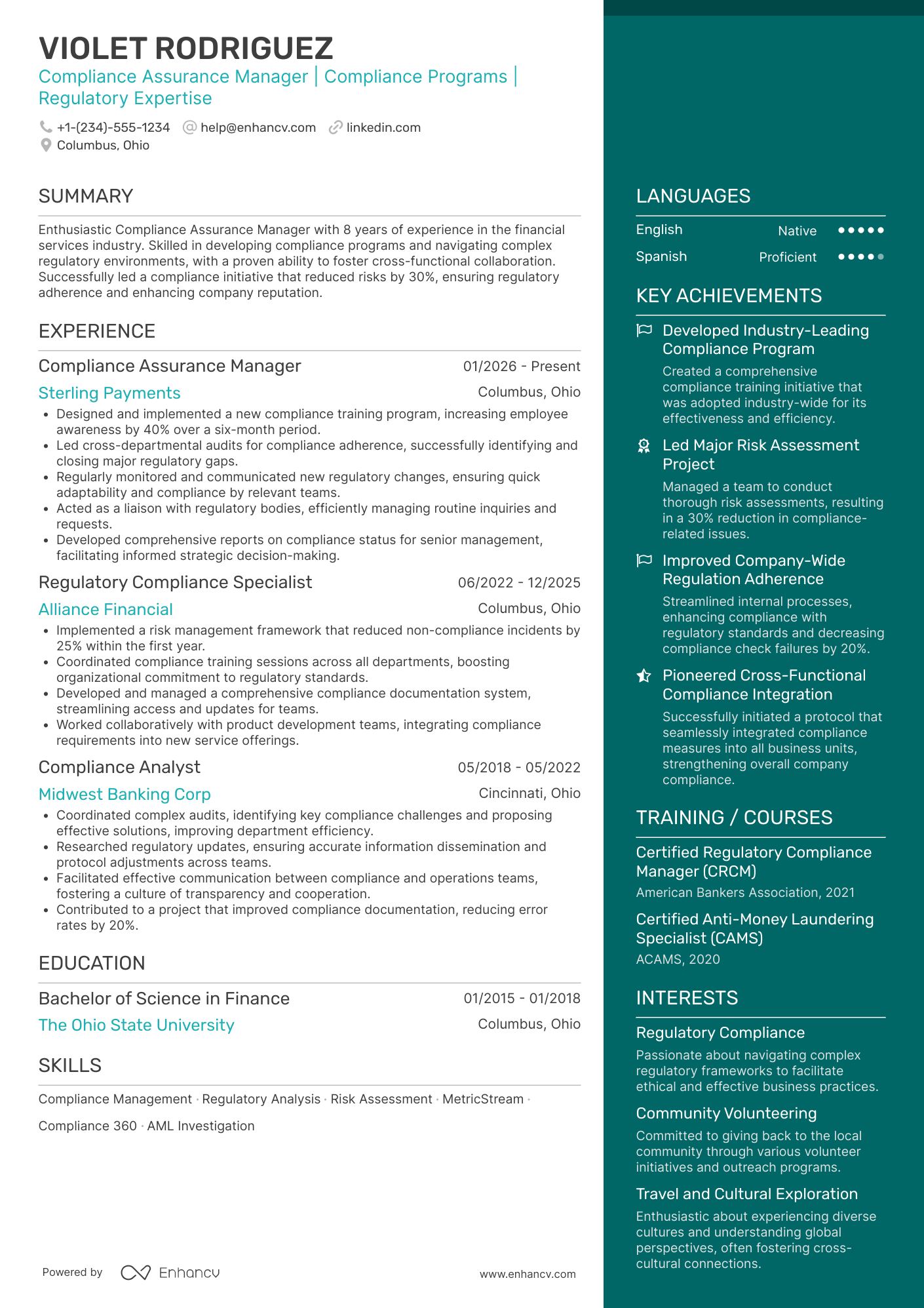 A resume example of a Compliance Assurance Manager
