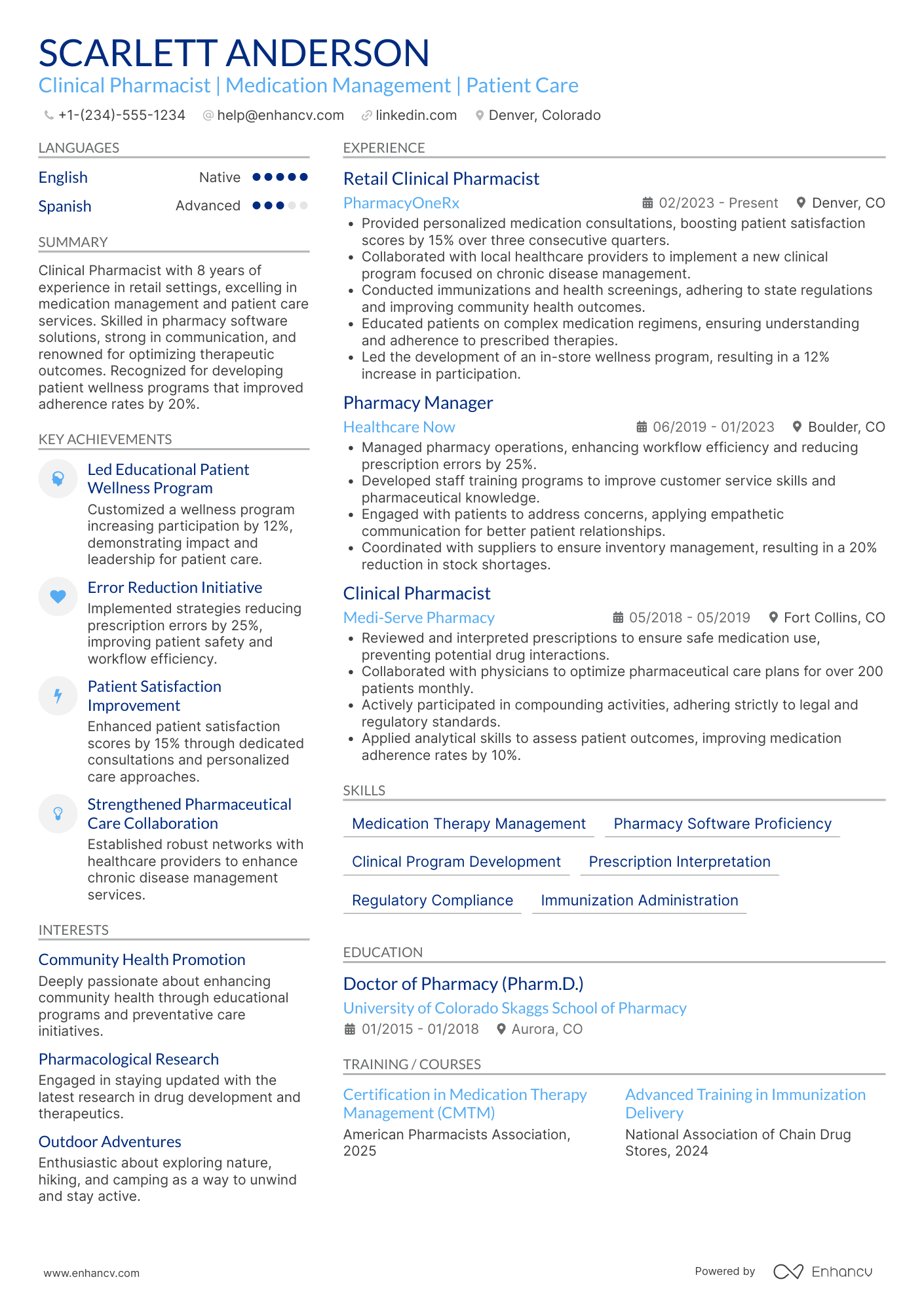 A resume example of a Retail Clinical Pharmacist
