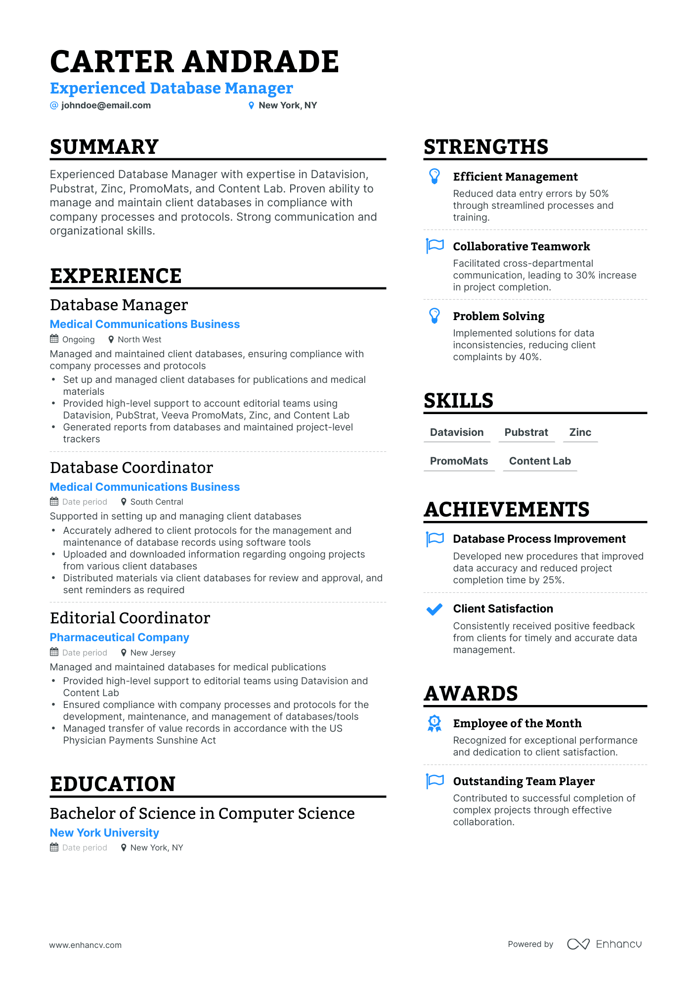 Simple Database Manager Resume Template