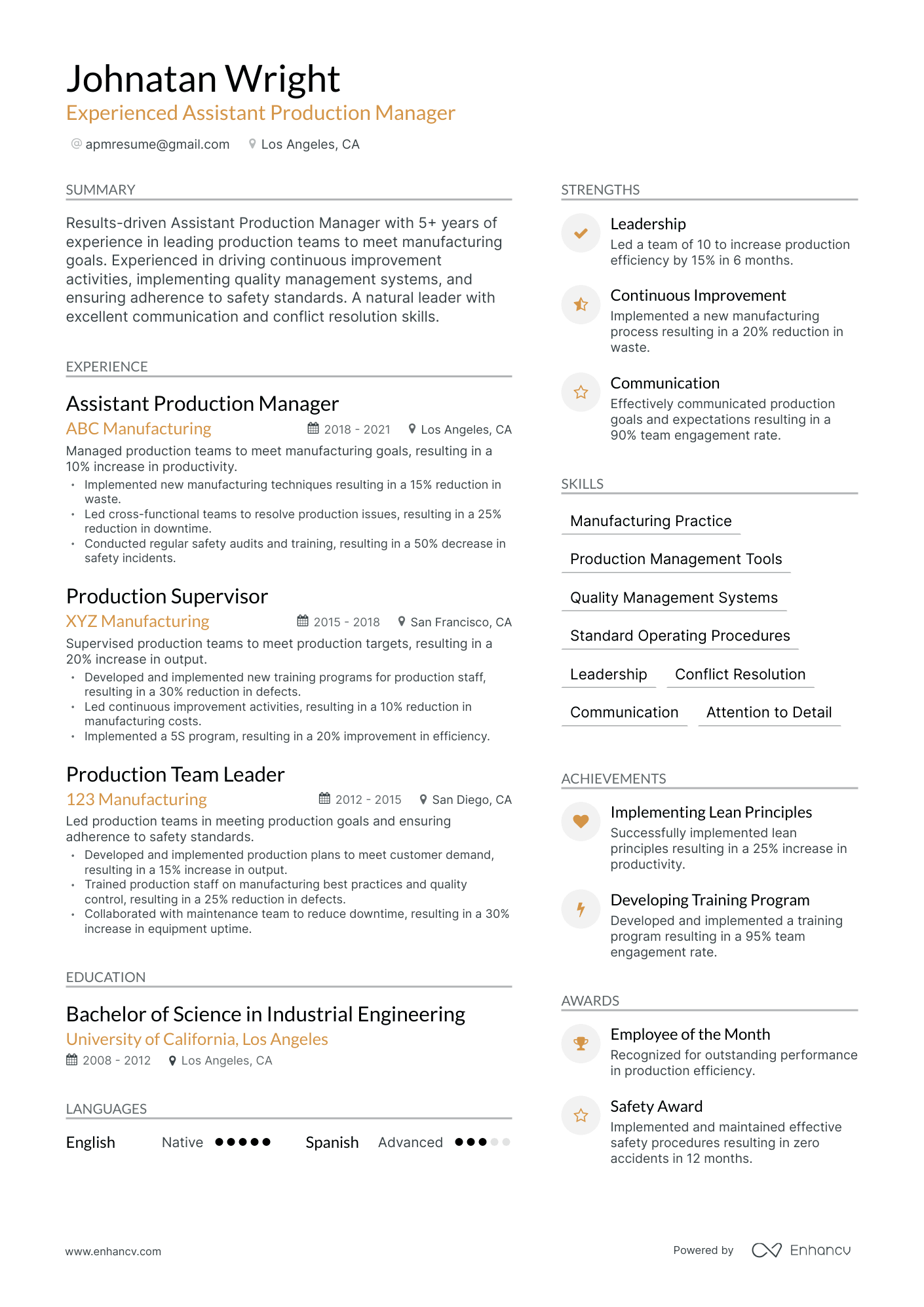Modern Assistant Production Manager Resume Template