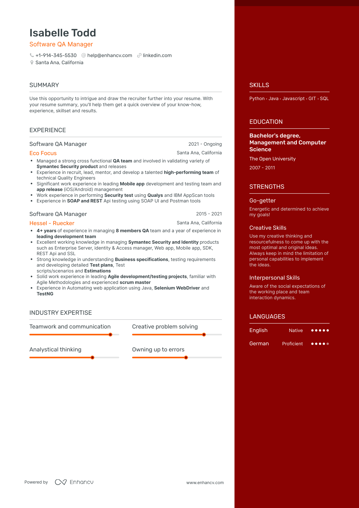 One Page Software QA Manager Resume Template