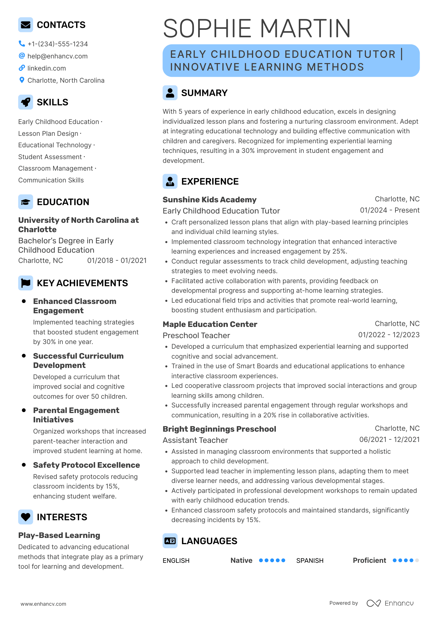 A resume example of a Early Childhood Education Tutor