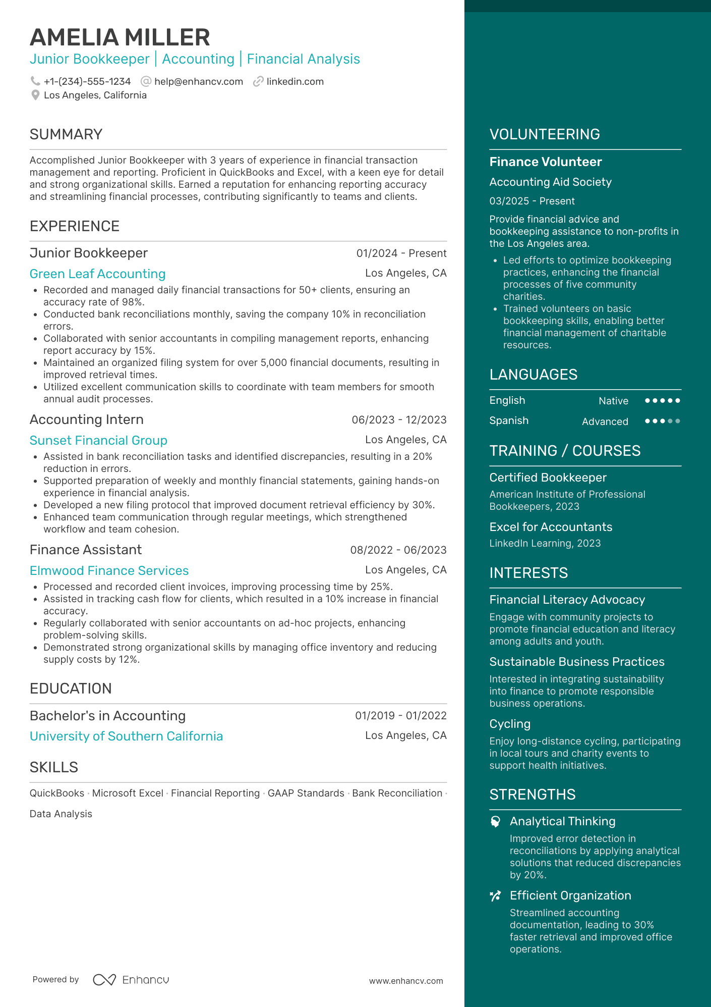 A resume example of a Junior Bookkeeper