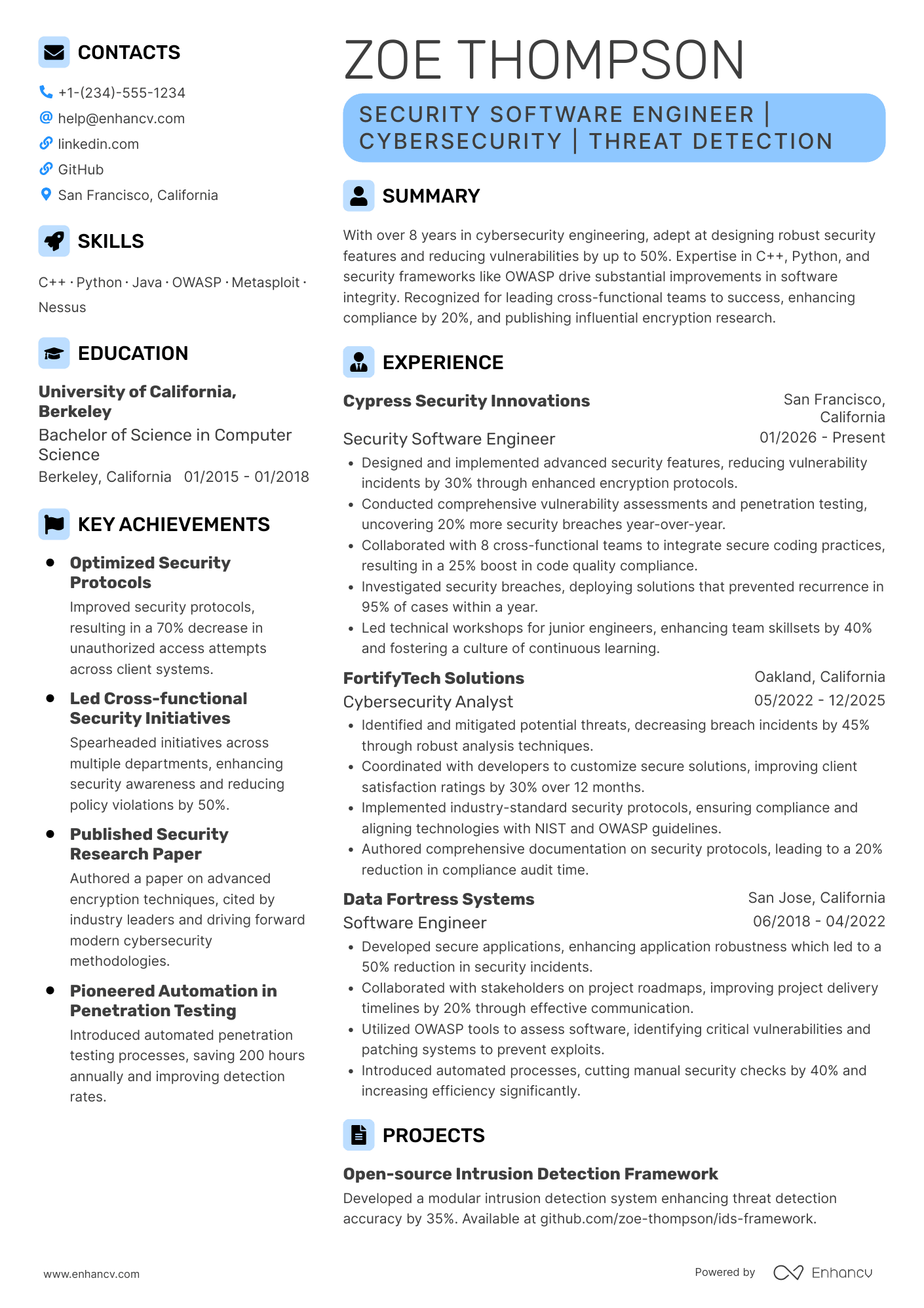 A resume example of a Security Software Engineer