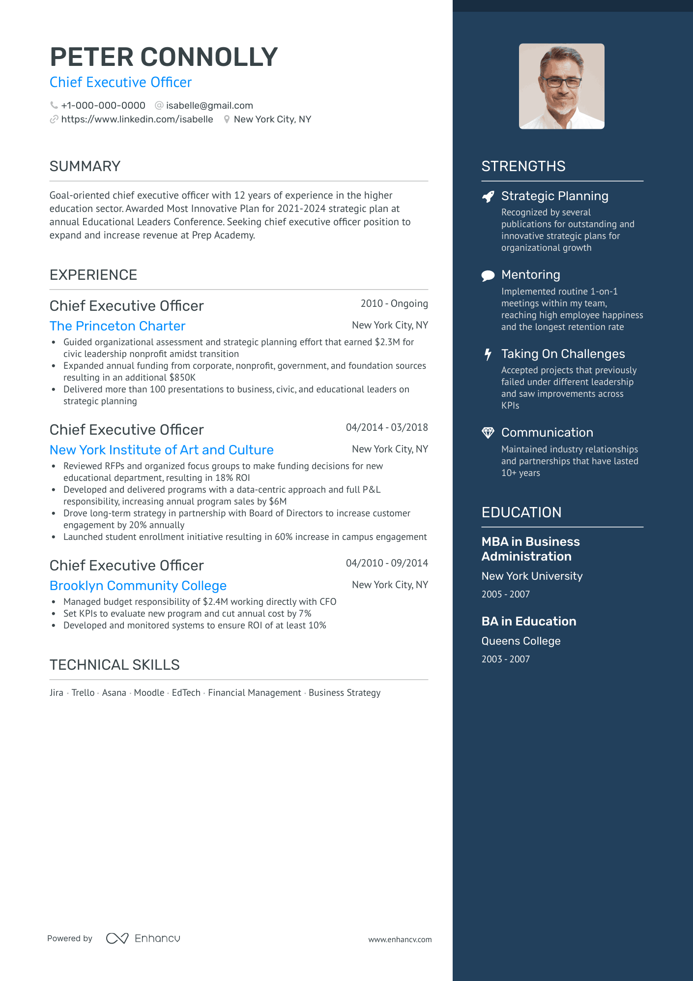 One Page Chief Executive Officer Resume Template