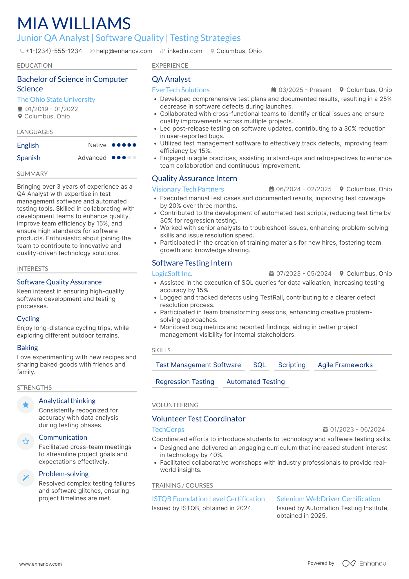 A resume example of a Junior QA Analyst