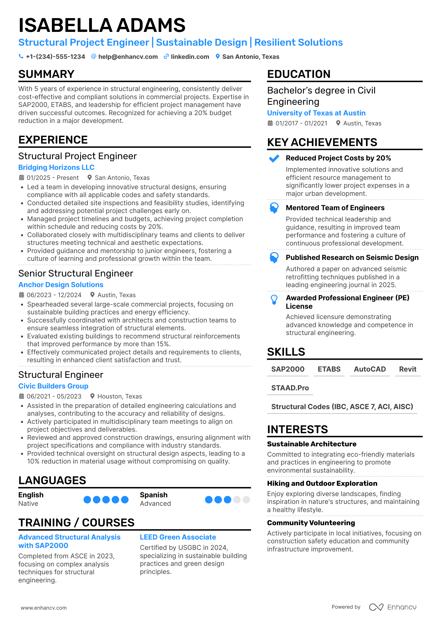 A resume example of a Structural Project Engineer