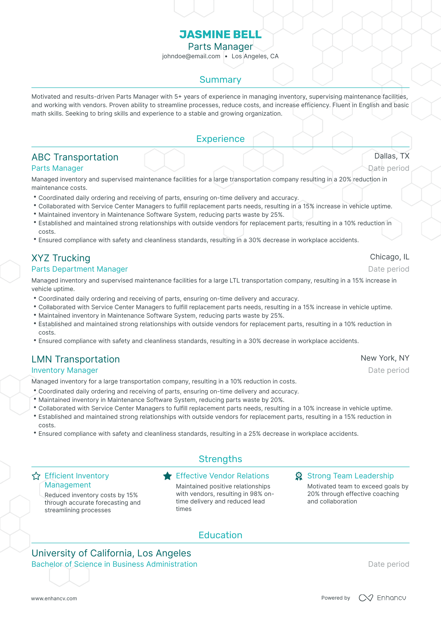 Traditional Parts Manager Resume Template