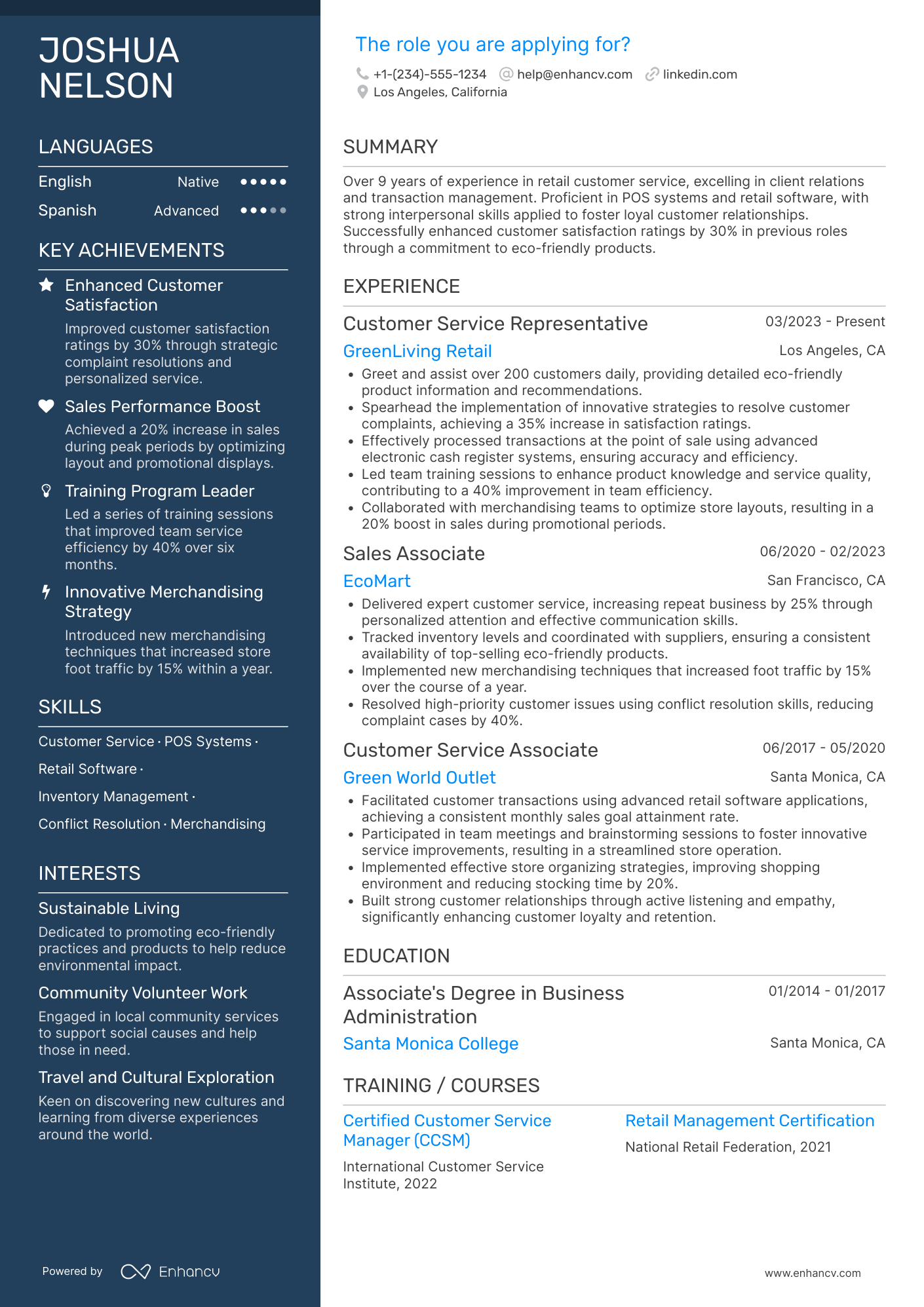 A resume example of a Customer Service Retail