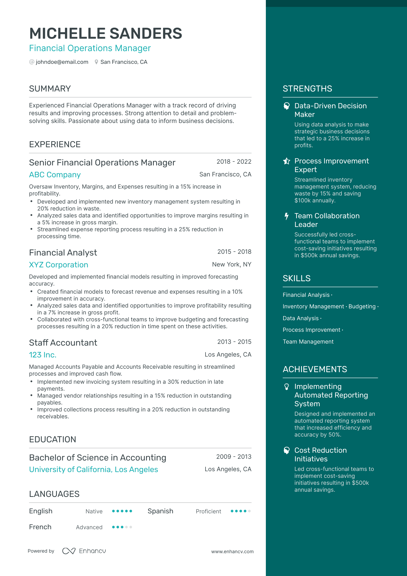 One Page Financial Operations Manager Resume Template