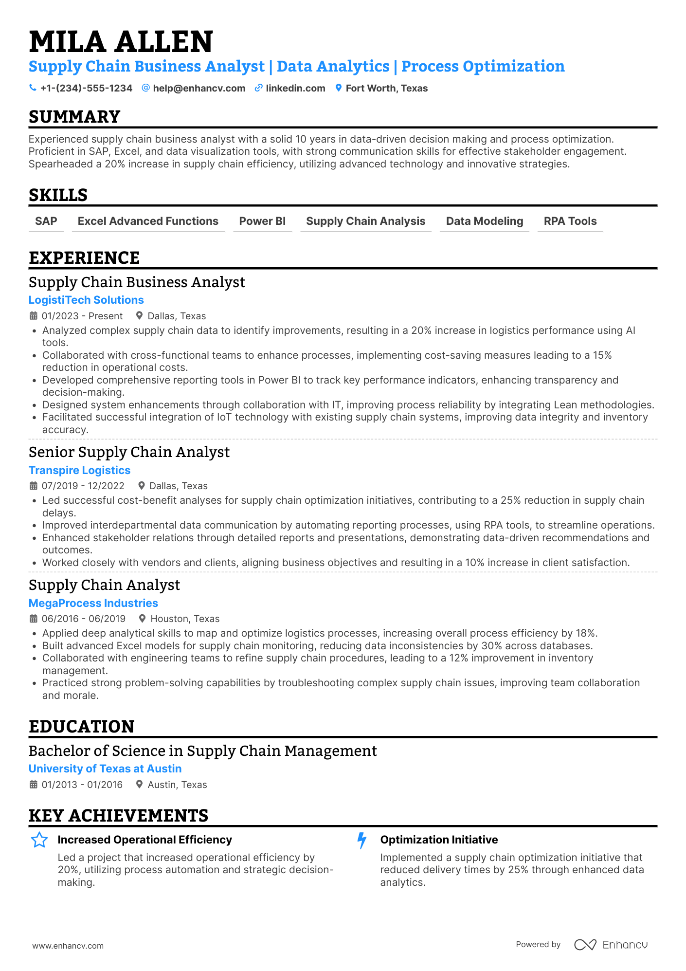 A resume example of a Supply Chain Business Analyst