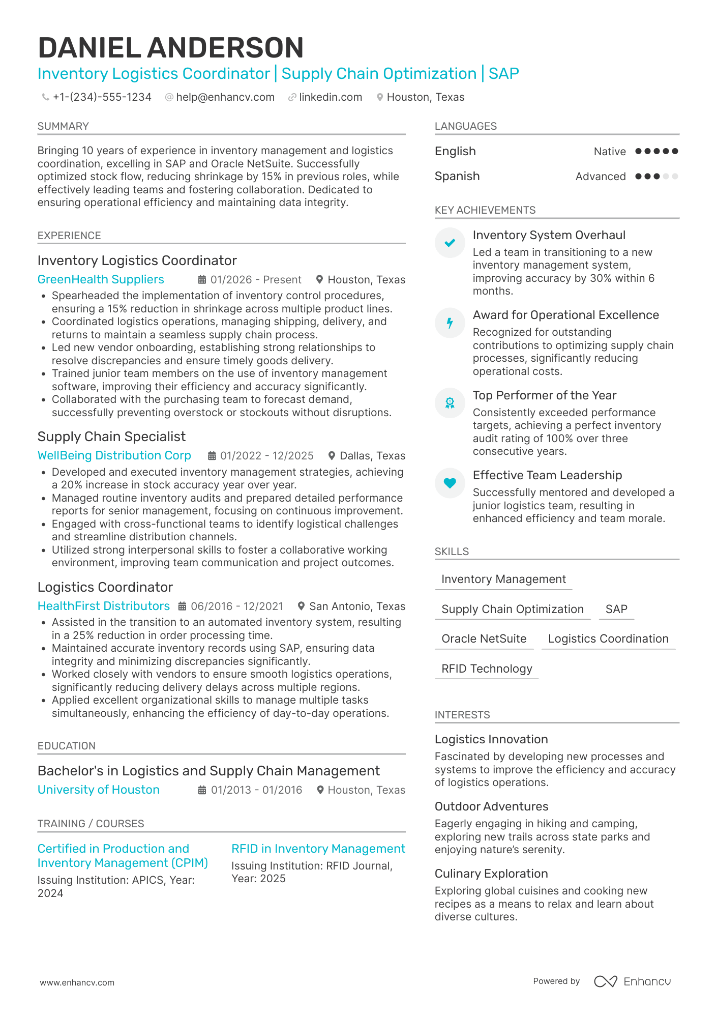 A resume example of a Inventory Logistics Coordinator