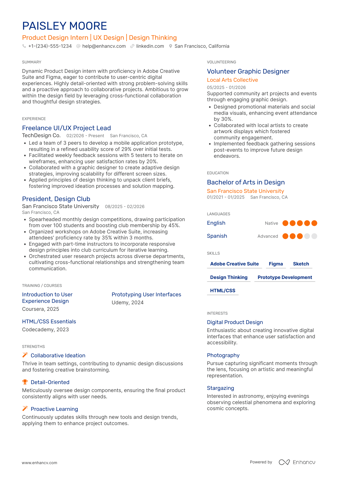 A resume example of a Product Design Intern