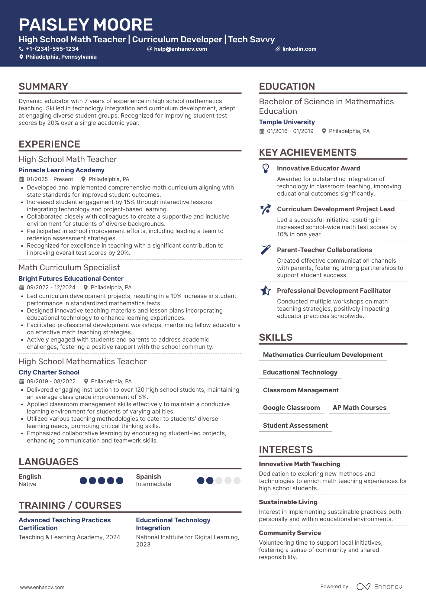 A resume example of a High School Math Teacher