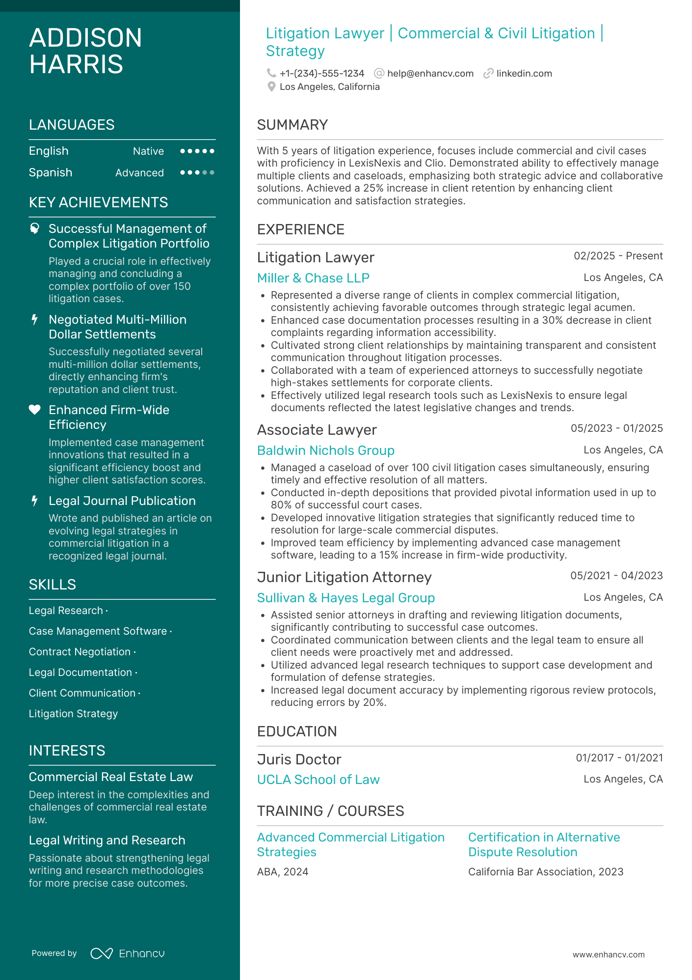 A resume example of a Litigation Lawyer