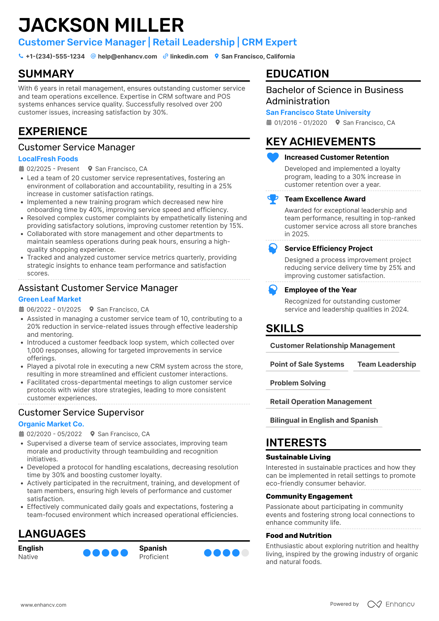 A resume example of a Store Customer Service Manager