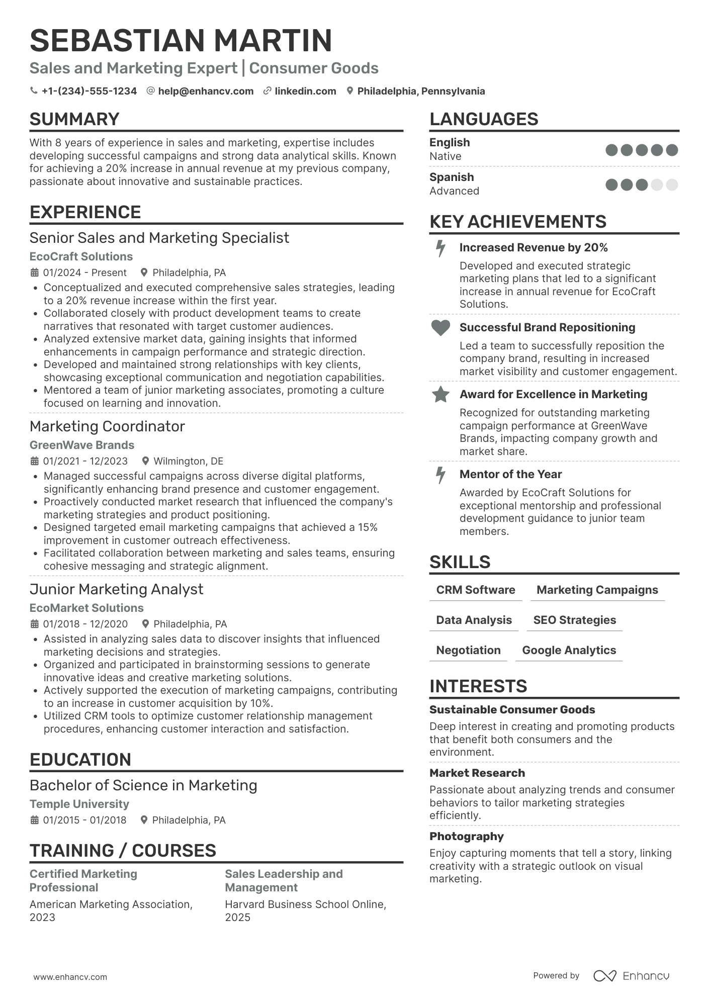 A resume example of a Sales and Marketing Executive