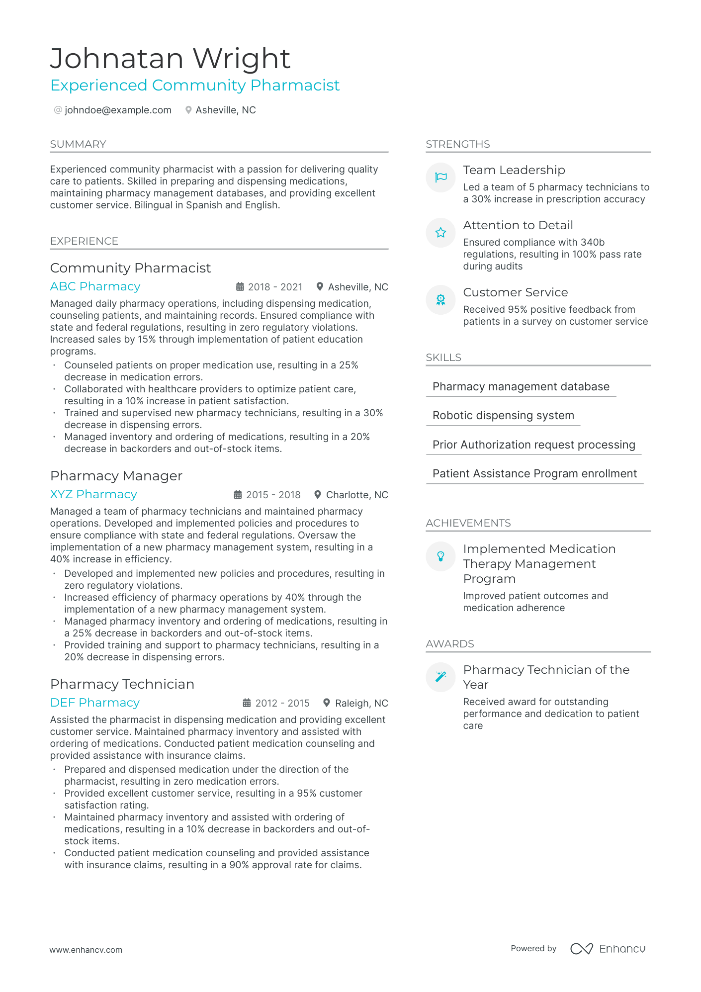 A resume example of a Community Pharmacist