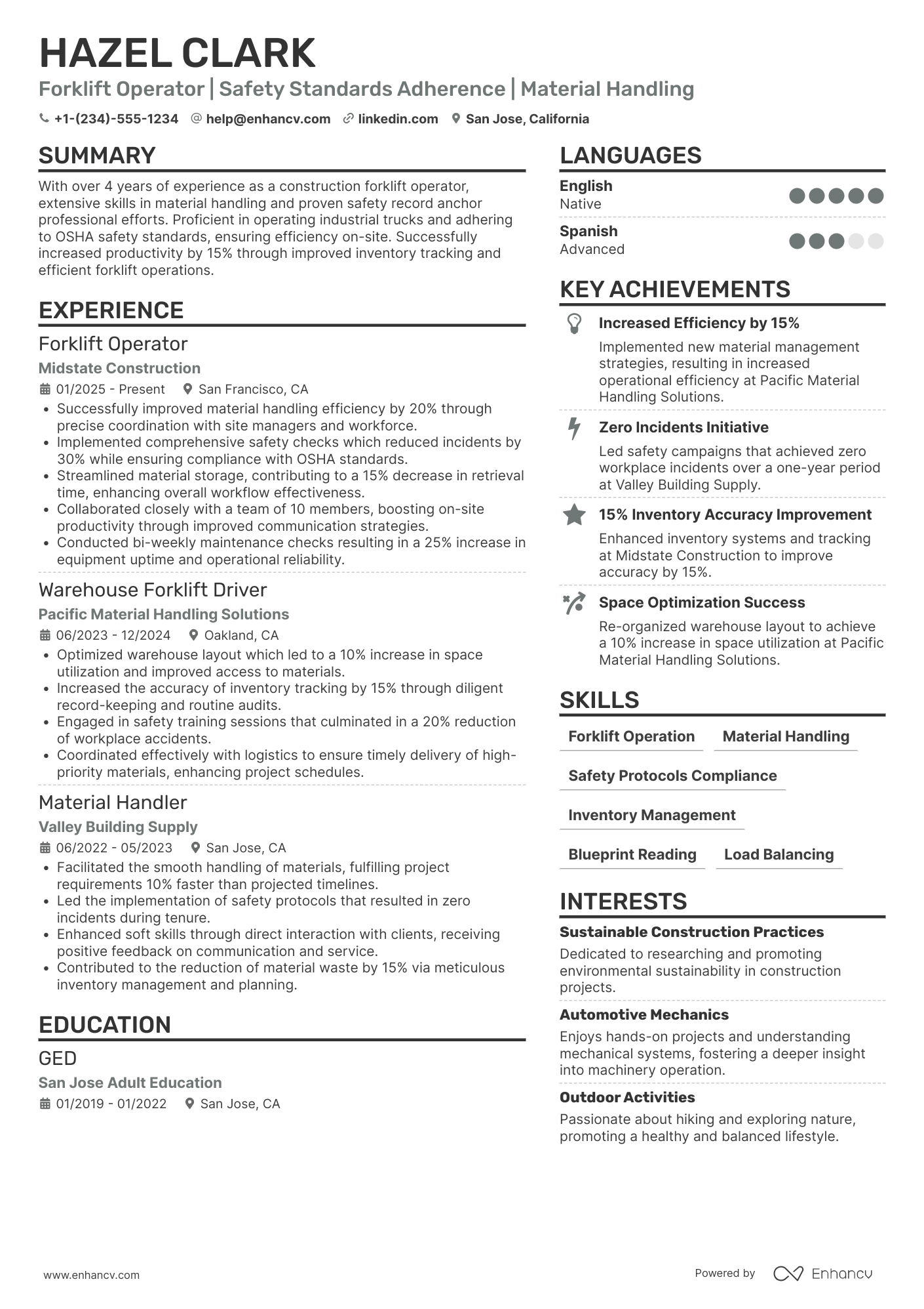A resume example of a Construction Forklift Operator