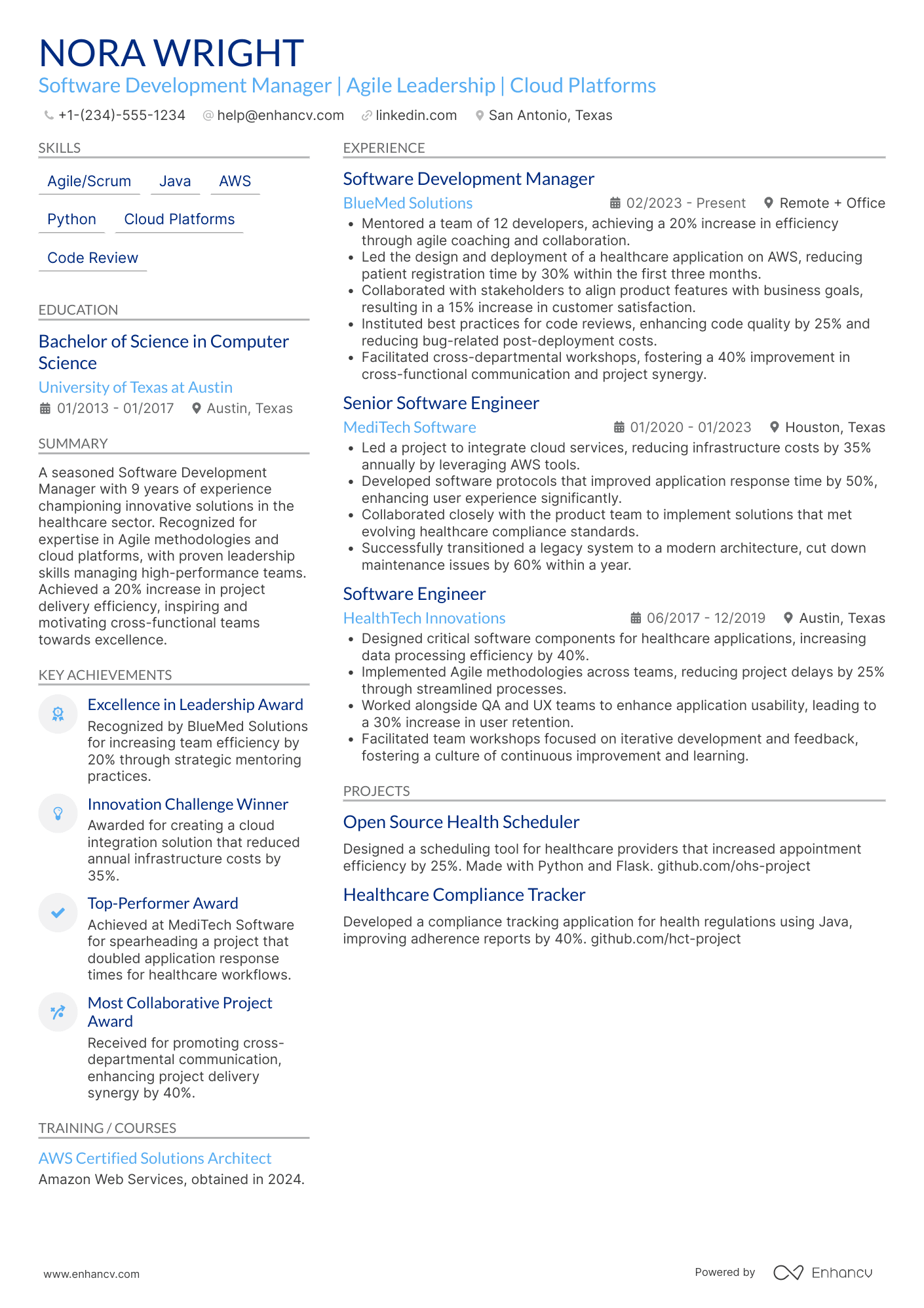 A resume example of a Software Development Manager
