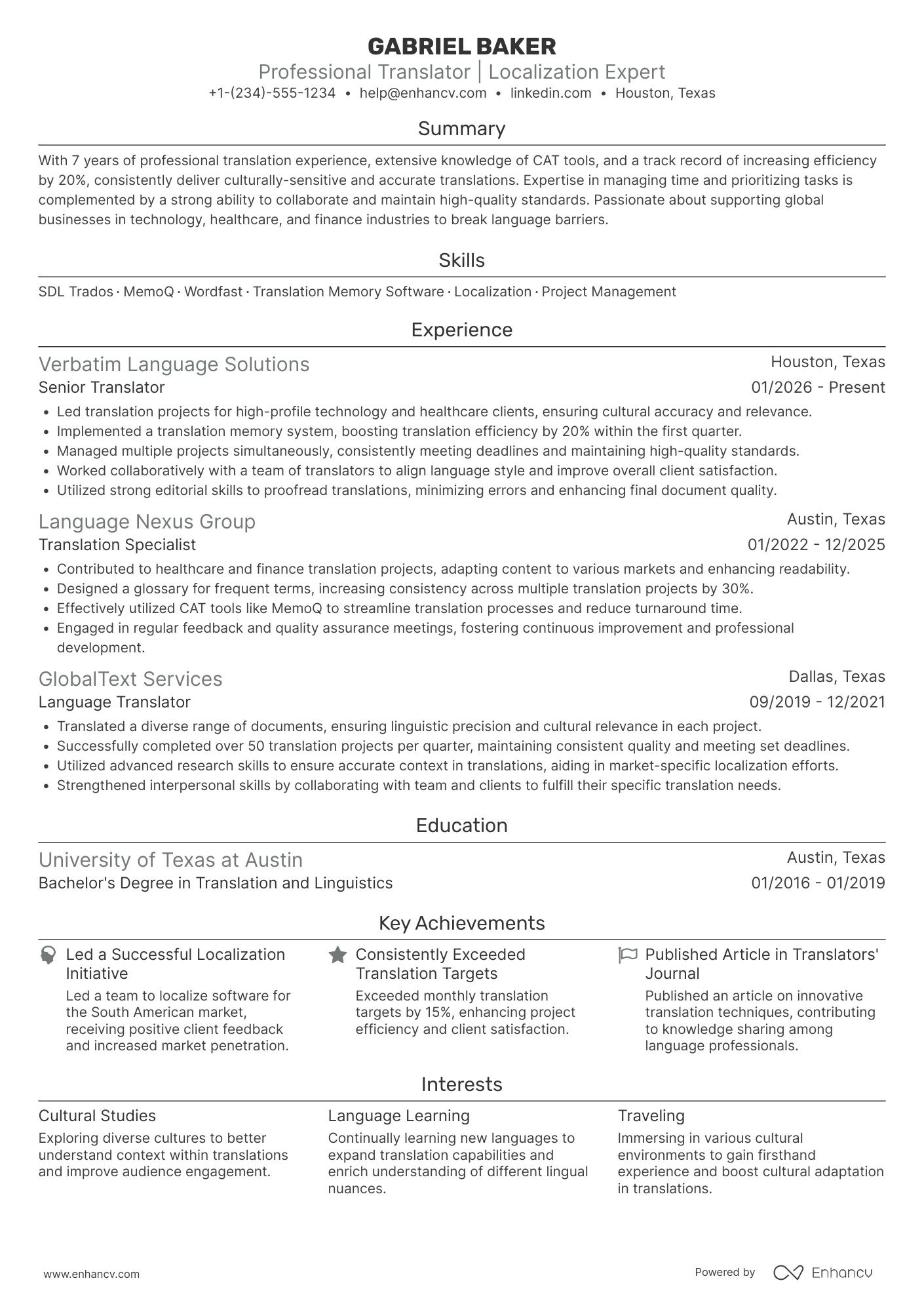 A resume example of a Freelance Translator