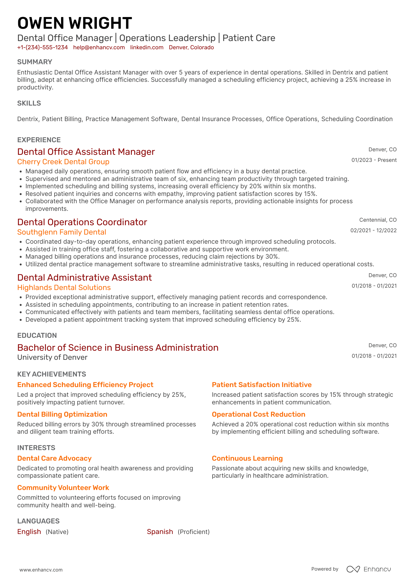 A resume example of a Dental Office Assistant Manager