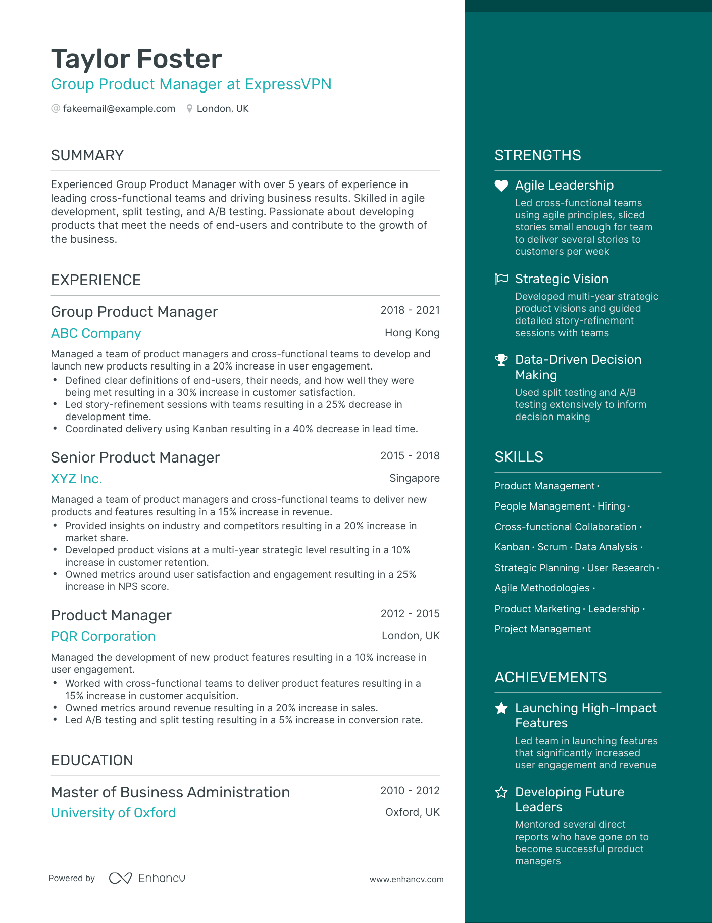 One Page Group Product Manager Resume Template