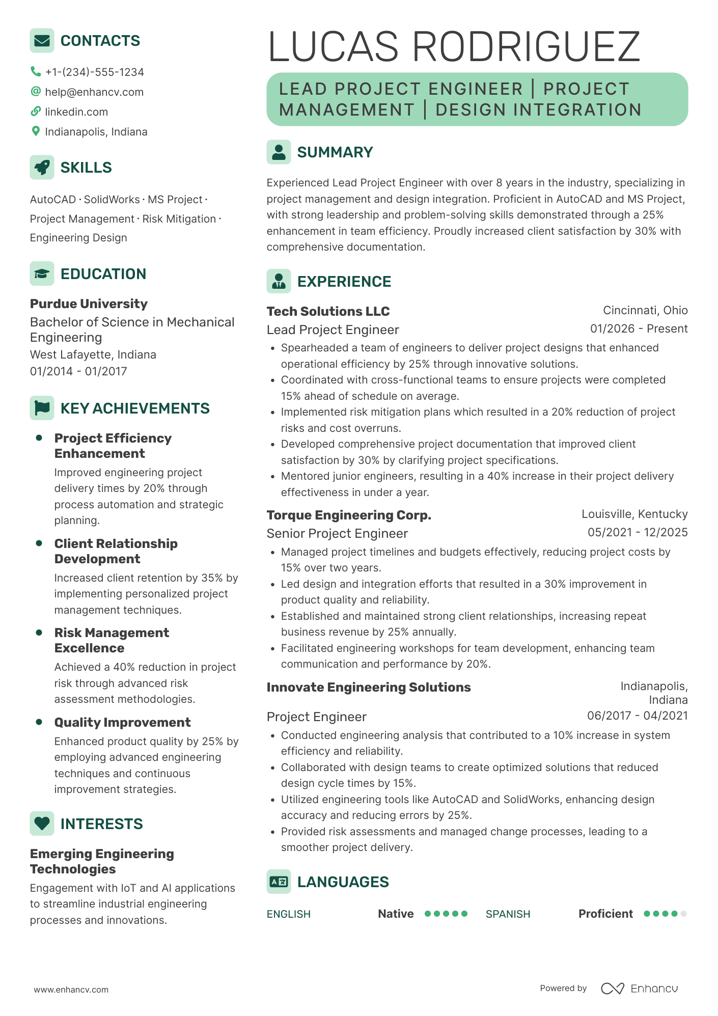A resume example of a Lead Project Engineer