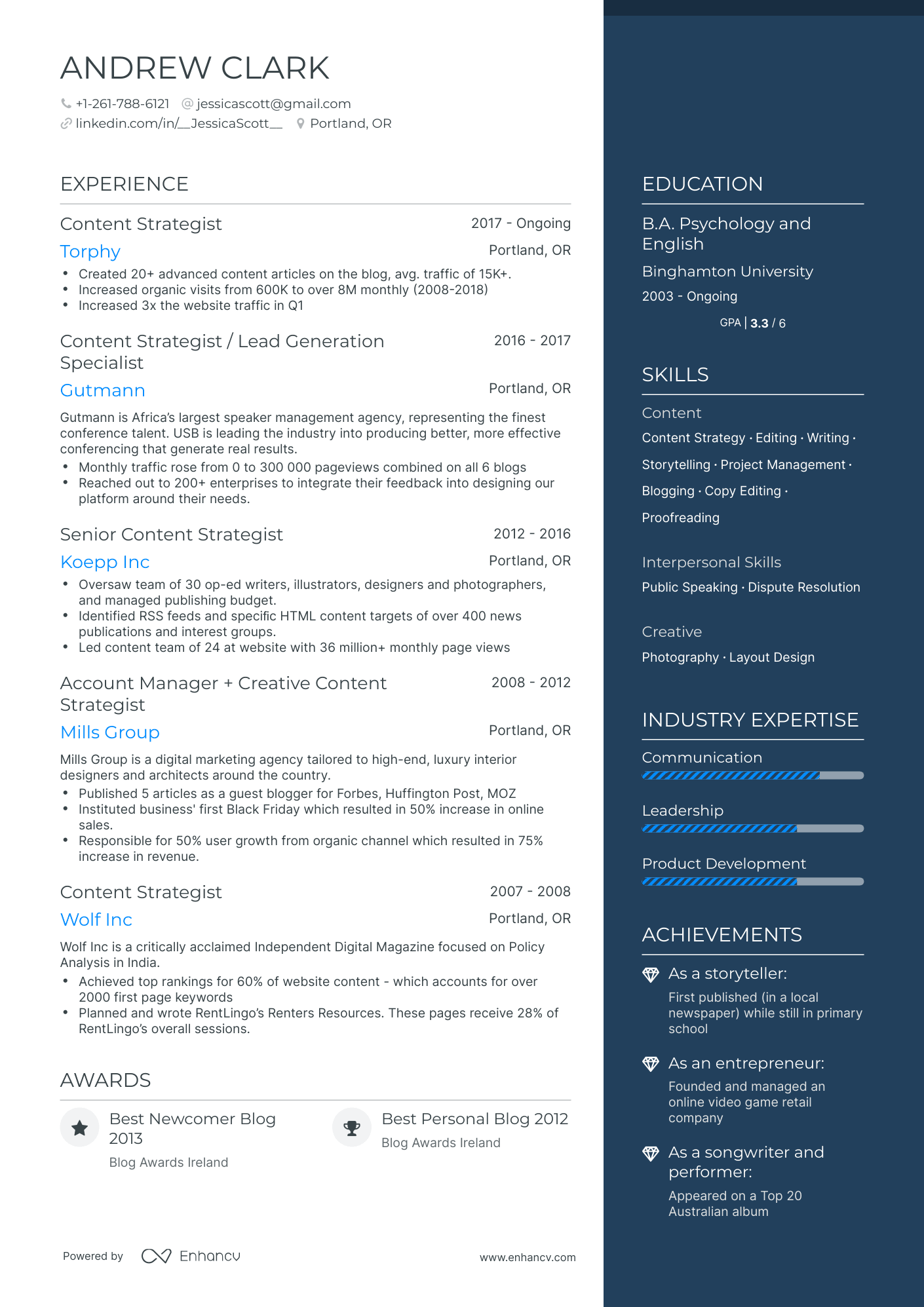 One Page Content Strategist Resume Template
