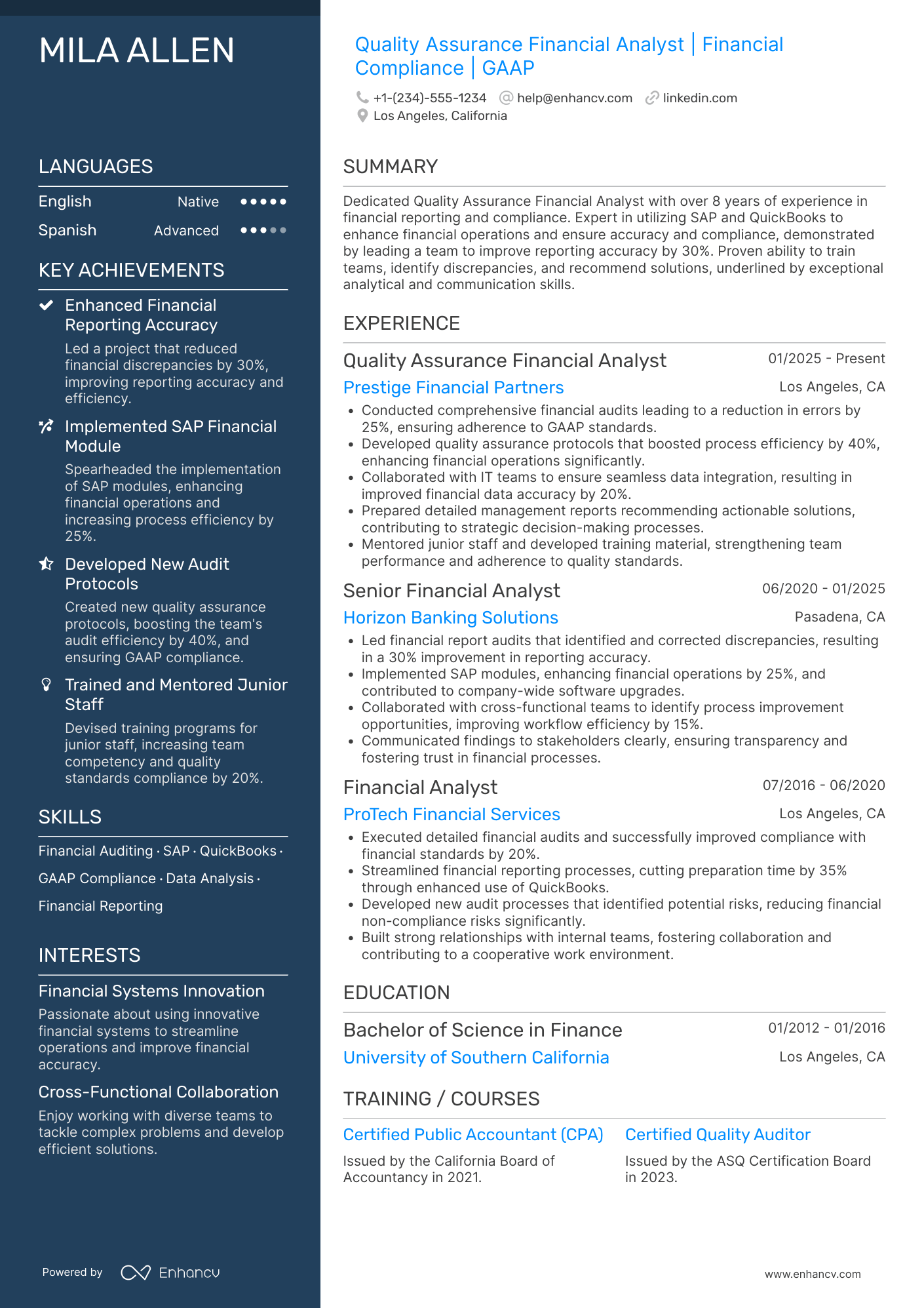 A resume example of a Quality Assurance Financial Analyst